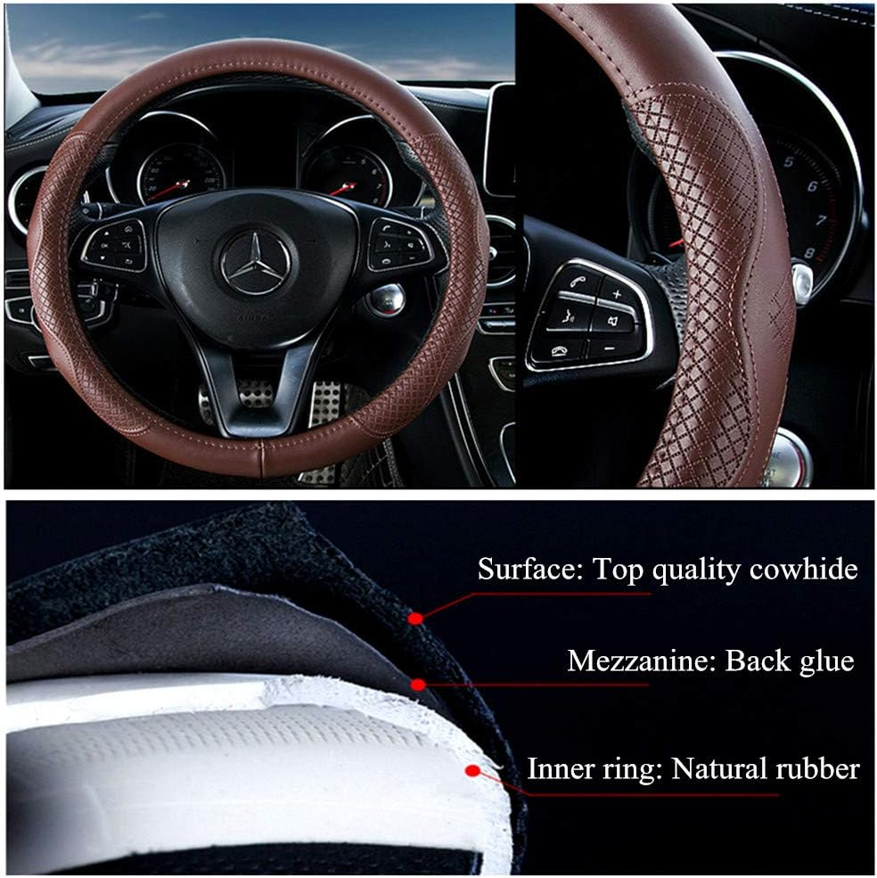 Brown Wheel Cover Cowhide Steering Wheel Cover Brown Leather Car Steering Wheel Cover Universal Size M/15Inch Fit Car/Auto/Suv (A-Brown-M) image number 2