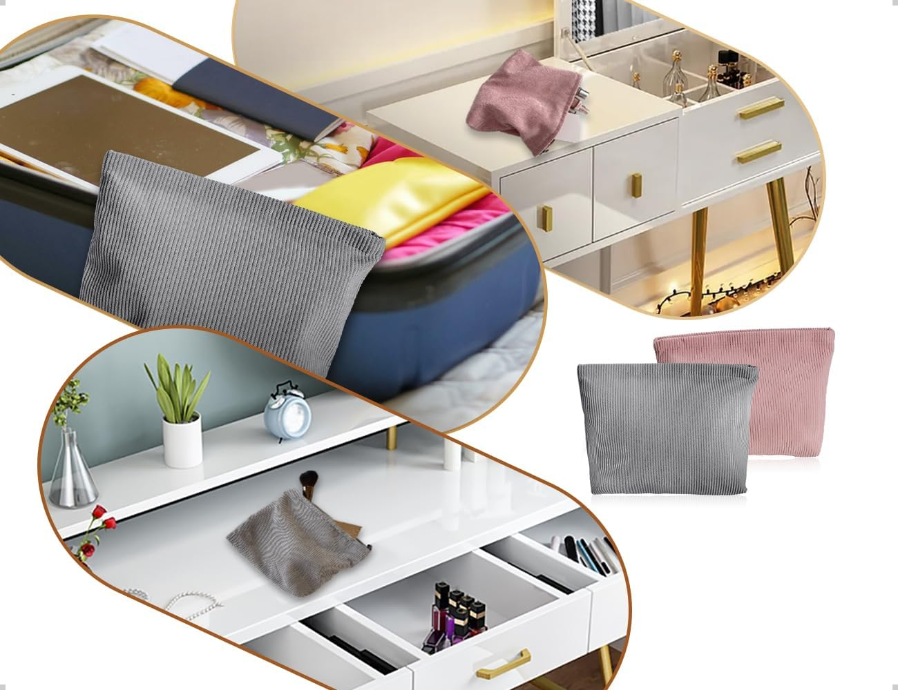 Emezddo Pack of 2 Cosmetic Bags, Portable Corduroy Women Girls Makeup Bag, Small Travel Make up Bag with Zip, Used for Travel, Home, Office, Skincare (Grey and Pink) image number 2