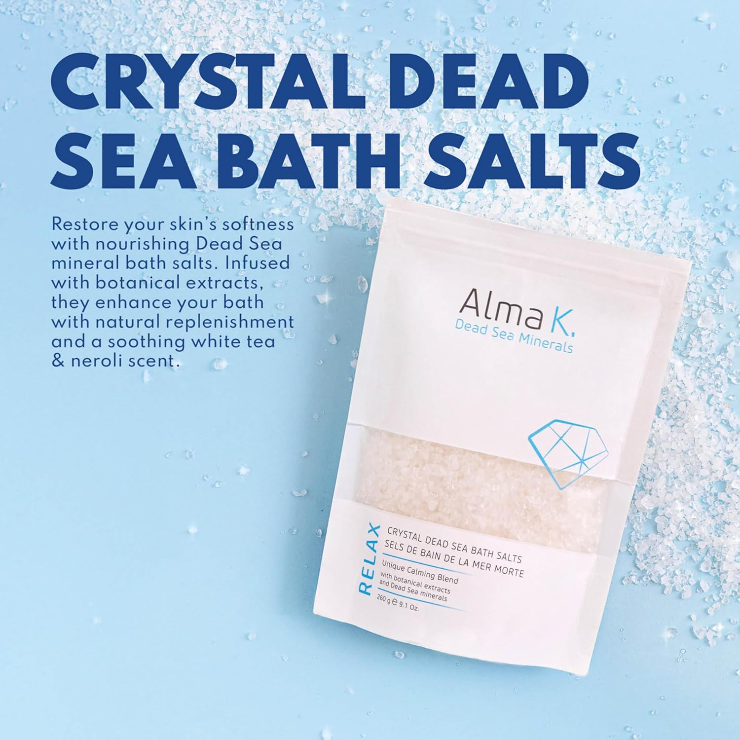 Alma K, Crystal Dead Sea Nourishing Mineral Bath Salts, Restores Softness Rich Hydration Removes Dead Skin Cells, 500G image number 5