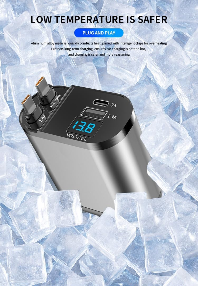 Jiaozoum Retractable Car Charger 4 in 1, with Cord 80Cm, 2 USB C and Car Charger Adapter, Compatible with Iphone 16 15/15 Pro Max/14/13/12/11 image number 2