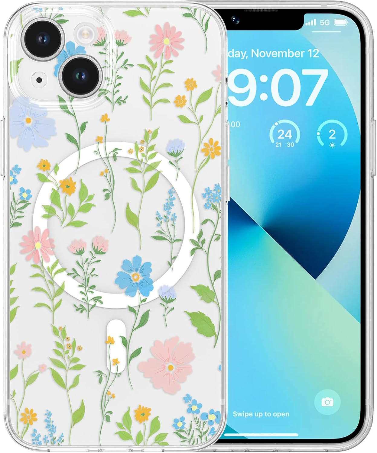 RALEAVO for Iphone 13 Case Compatible with Magsafe Clear Floral Cover with Flower Branch Pattern for Girls Women Slim Cute Hard Back Shockproof Phone Case for Iphone 13,Transparent