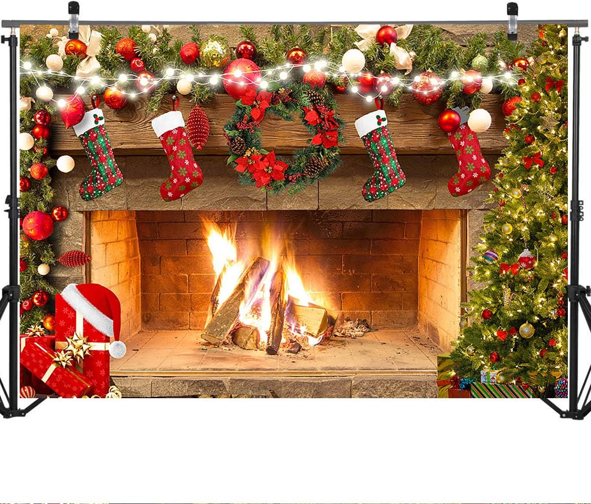 Mocsicka Christmas Fireplace Backdrop 7X5Ft Merry Christmas Fireplace Family Picture Party Decorations Photobooth Backdrops Xmas Socks Trees Burning Firewoods Photography Background image number 5