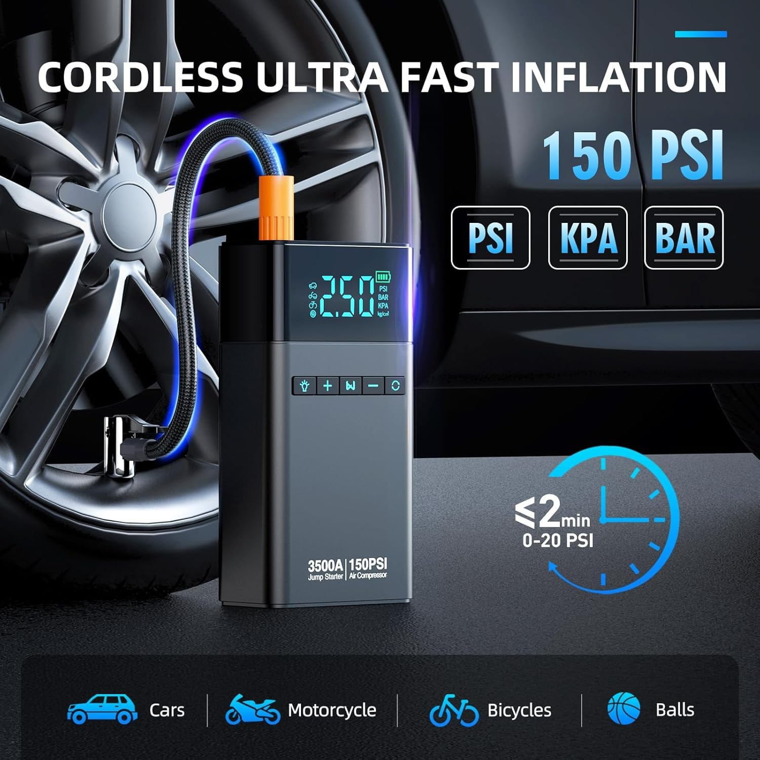 Koeay Portable Car Jump Starter with Air Compressor, 3500A 150PSI Car Battery Jump Starter Battery Pack (All Gas/10L Diesel), 12V Car Jump Box Car Battery Jumper Starter, Large LCD Display, 2 Lights image number 4