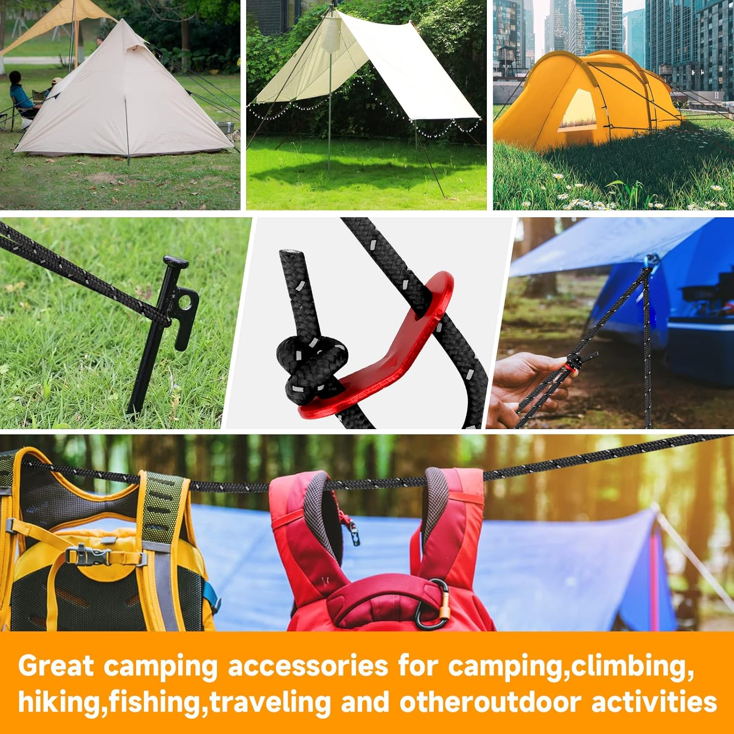 KOMCLUB 4Mm Reflective Guy Lines Tent Cords, Lightweight Camping Rope with Aluminum Guylines Adjuster Tensioner Pouch for Tent Tarp Canopy Sheleter Camping Hiking (Black- 8 Pack) image number 5
