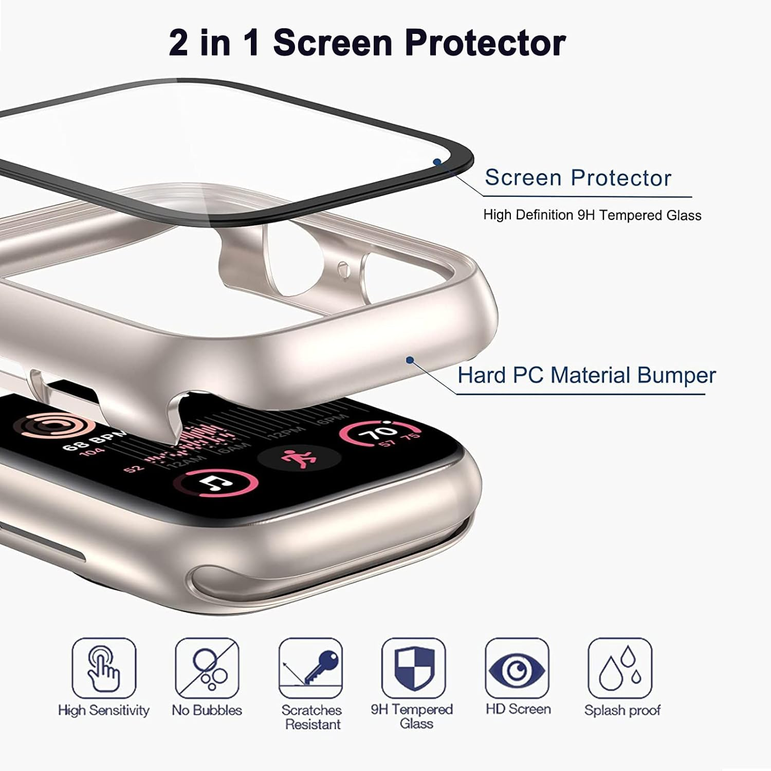 Compatible Apple Watch SE 40Mm Case, 2 Pack Hard PC Case with Tempered Glass Screen Protector for Apple Watch SE, Iwatch Series 6/5/4 Protective Cover 40Mm - Starlight image number 3