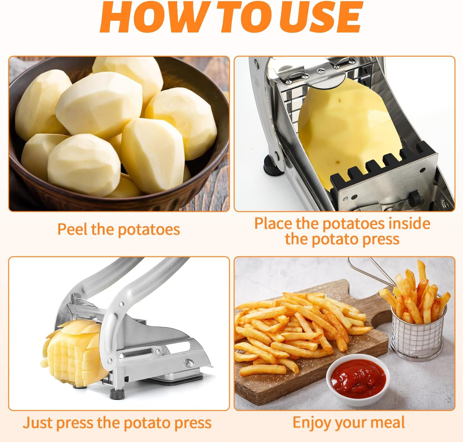 Commercial Grade French Fry Cutter,French Fry Cutter with 2 Blades,Stainless Steel Vegetable and Potato Slicer,Heavy Duty Potato Slicer,Non-Slip Suction Base,Perfectly Cut Potatoes (Silver) image number 1