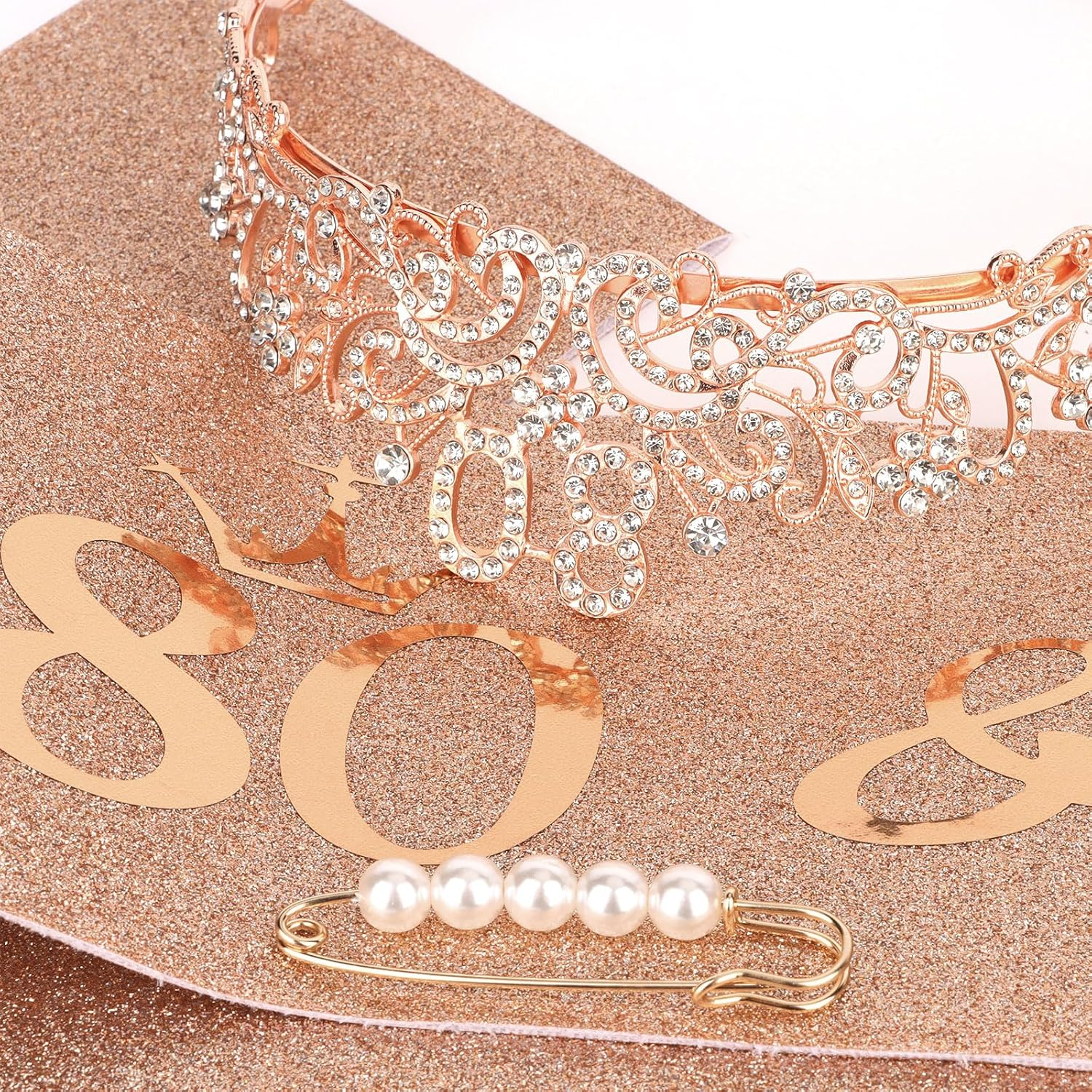 Exipsat Birthday Crown Sash 80 Birthday Woman 80 and Fabulous Sash and Rhinestone Tiara Set, 80Th Birthday Tiara, Birthday Sash for Women, Rose Gold Birthday Party Supplies image number 2