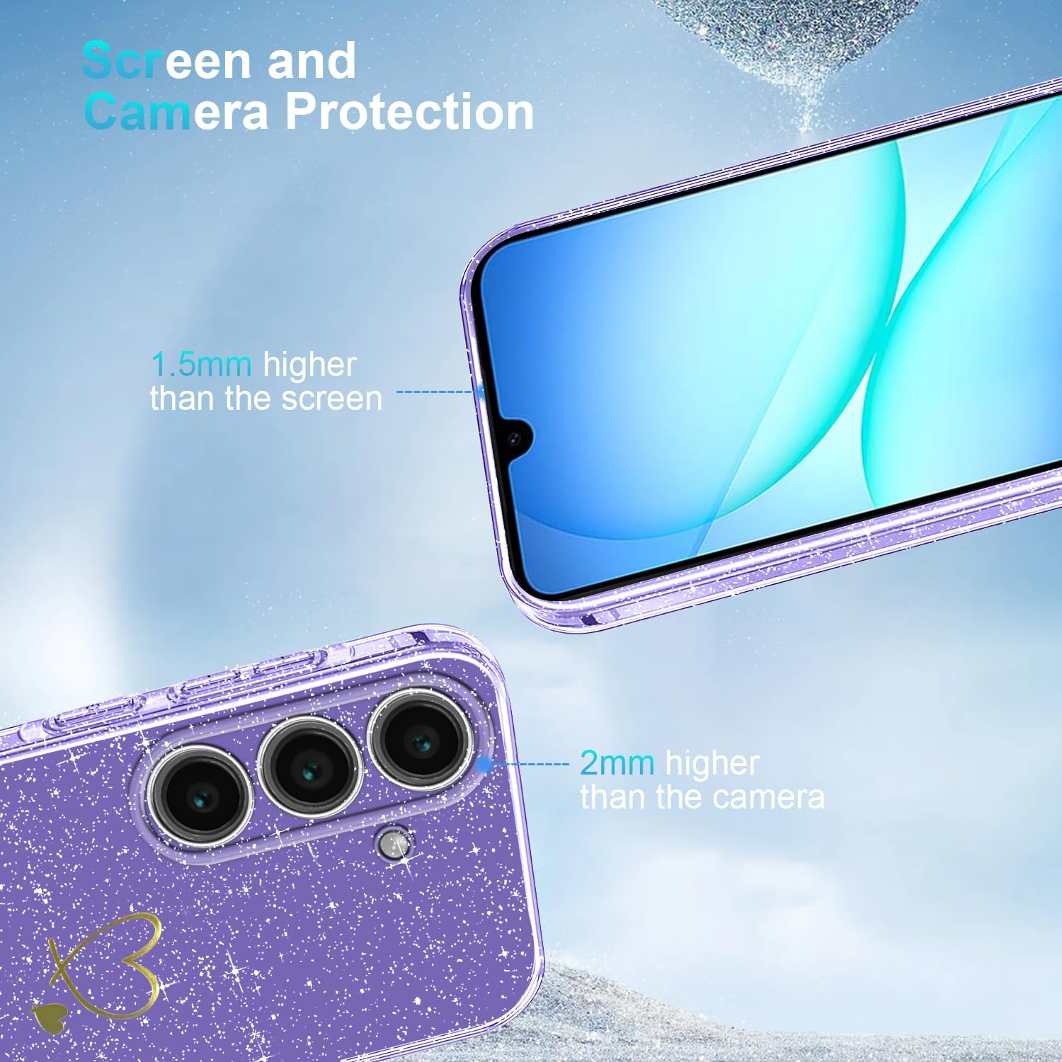 Crisant Mobile Phone Case Compatible with Samsung Galaxy A17 4G / 5G with 3 Pieces Screen Protector, Soft TPU Anti-Fingerprint Case, Glitter and Fall Protection Protective Case (Purple) image number 1