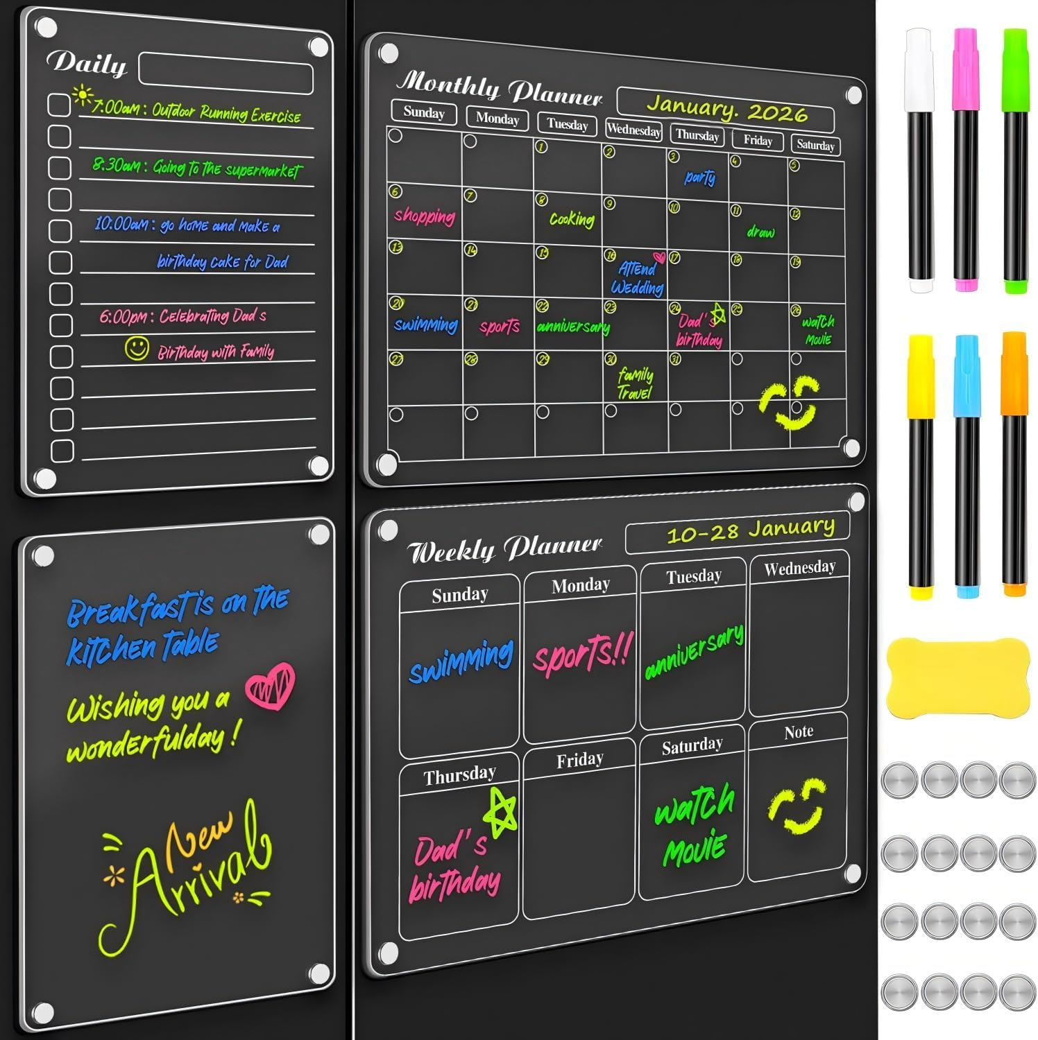 4Pcs Fridge Calendars Planning Pads, Acrylic Magnetic Fridge Calendar, Clear Fridge Monthly Weekly Planner, for Events/Business Meetings/Shopping Lists with 6 Color Markers & Wipes - 40 X 30 Cm and 30 X 20 Cm image number 4