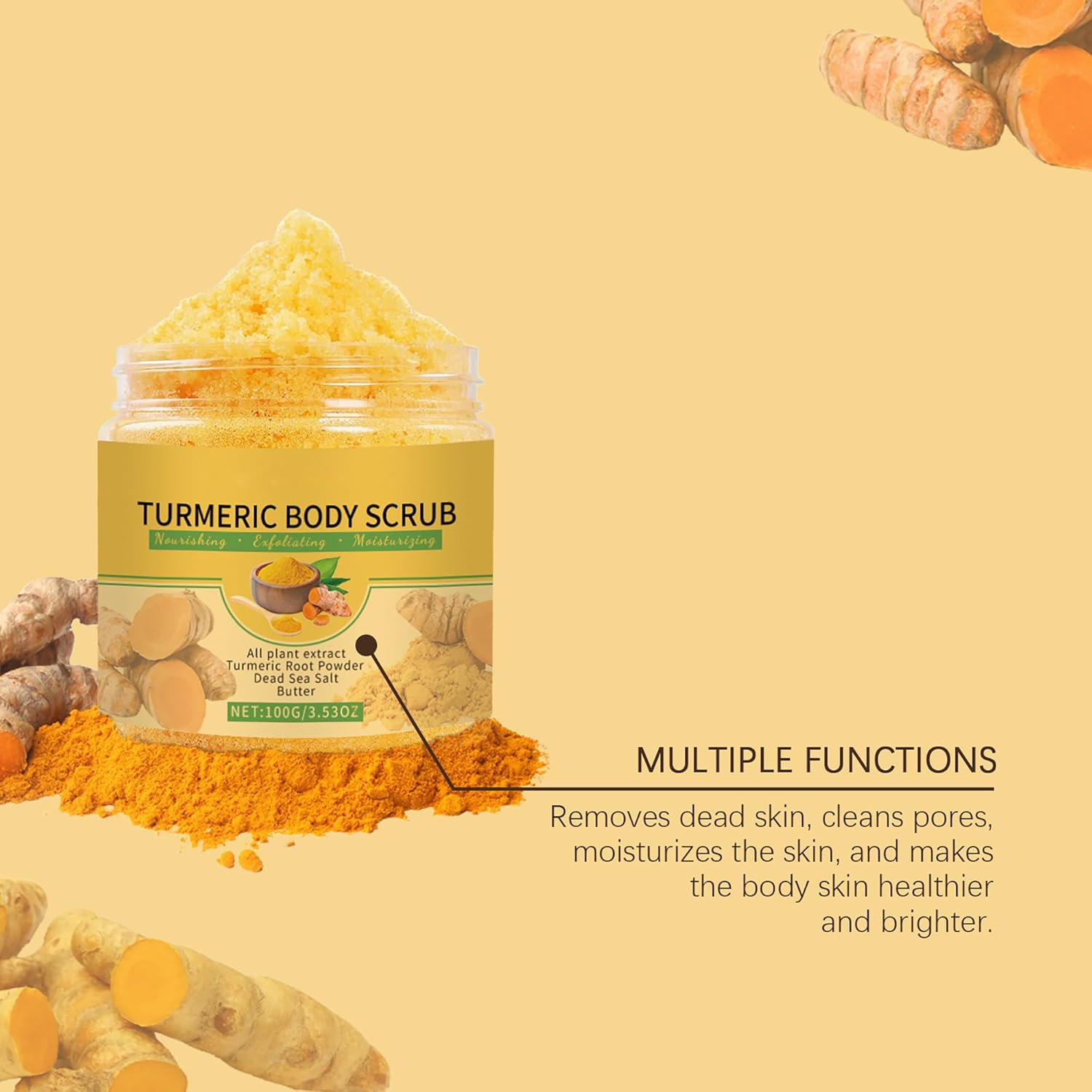 2PCS Turmeric Body Scrub - Natural Exfoliating & Moisturizing Scrub for Smooth & Glowing Skin - Deep Cleansing Body,Hand & Foot Scrub,Nourishes All Skin Types,100G image number 1