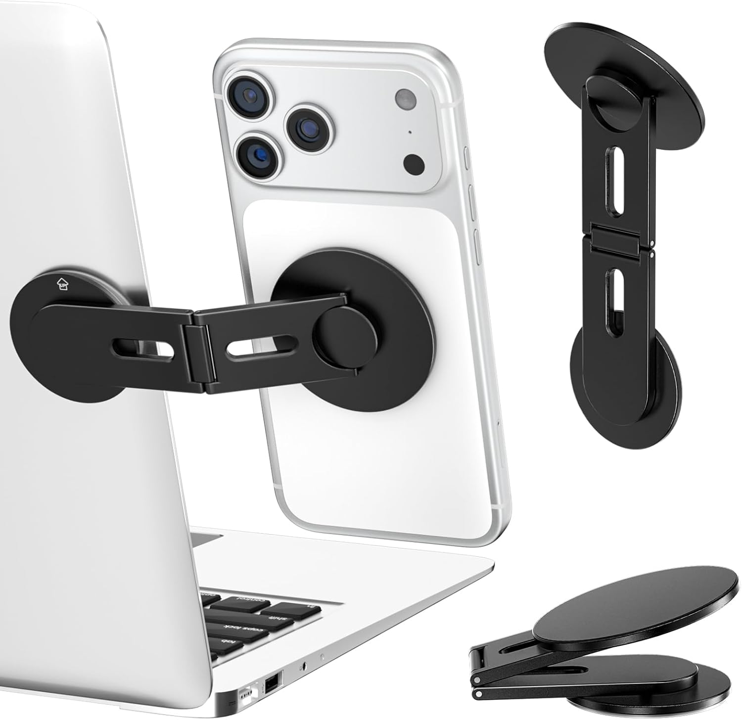 ALAFLY Magnetic Laptop Phone Holder Compatible with Magsafe Iphone, Dual-Axis 180&deg; Adjustable Side Phone Mount, Slim Portable Foldable Stand for Computer/Tesla/Monitor/Treadmill, Black image number 1