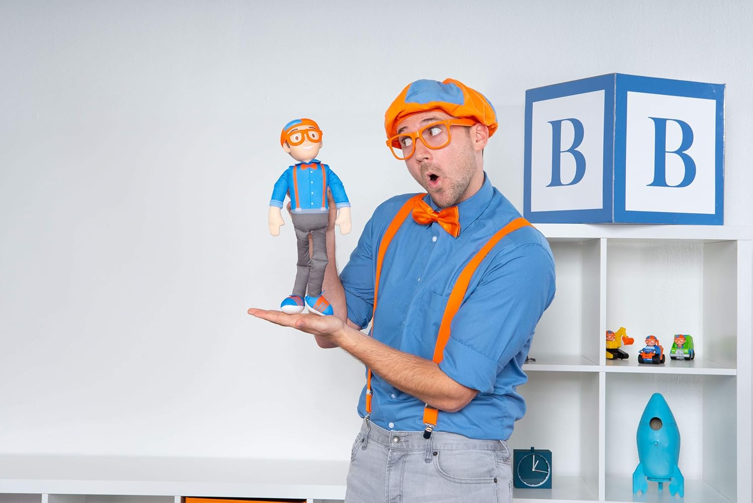 Blippi BLP0019 Bendable Plush Doll, 16&rdquo; Tall Featuring Sfx-Squeeze the Belly to Hear Classic Catchphrases-Fun, Educational Toys for Babies, Toddlers, and Young Kids image number 4