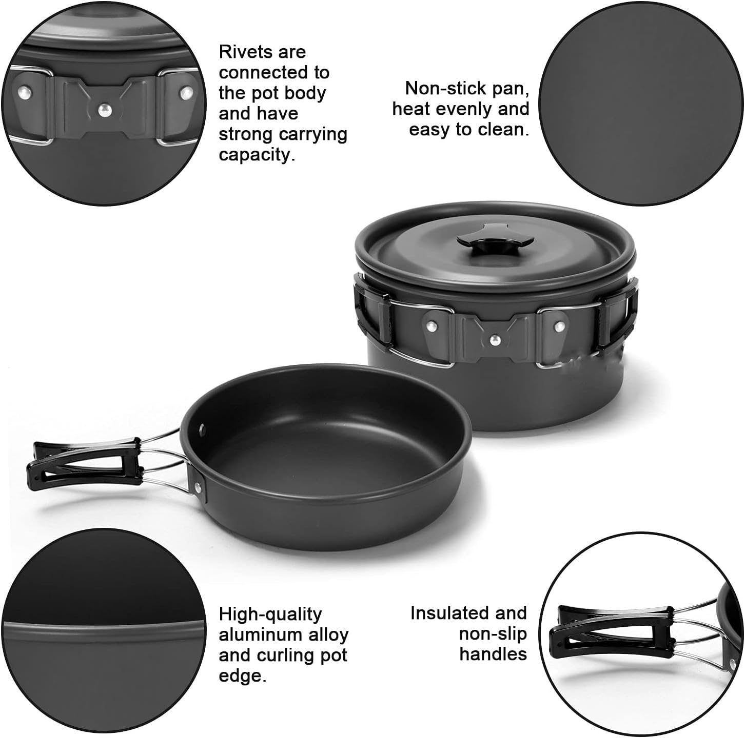15Pcs Camping Cookware Mess Kit, Non-Stick Lightweight Pot Pan Kettle Set with Stainless Steel Cups Plates Forks Knives Spoons for Camping,Outdoor Cooking and Picnic (Black) image number 4