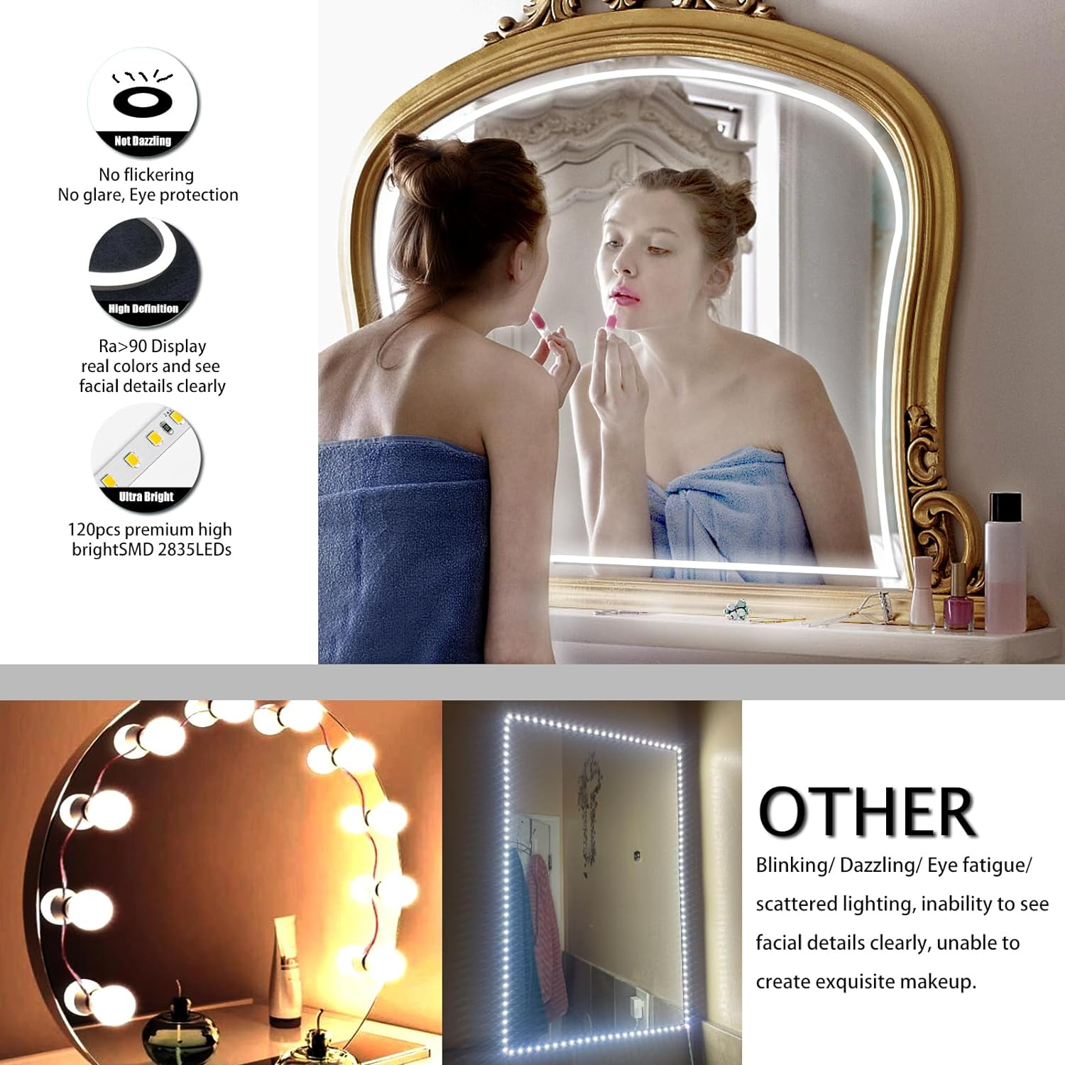 LED Vanity Mirror Lights, Makeup Lights for Mirror, 10Ft/6000K/Dimmable/Elt Approval 12V Self-Adhesive Bathroom/Vanity Light, for Bathroom/Dressing/Full Body Mirror image number 5