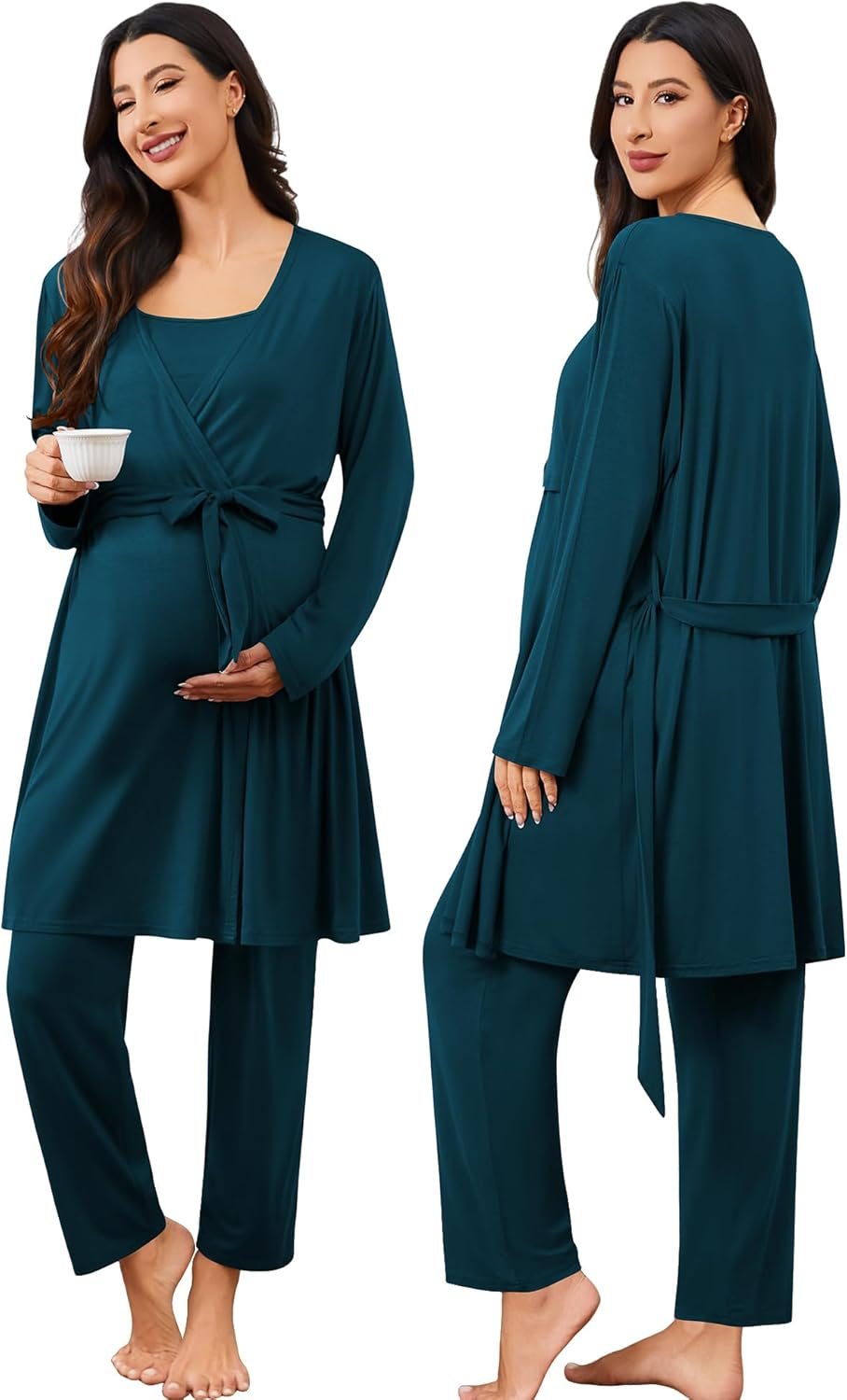 SWOMOG Maternity Nursing Robe Set 3 PCS Postpartum Pajamas Breastfeeding Labor Delivery with Robe & Camisole & Pants