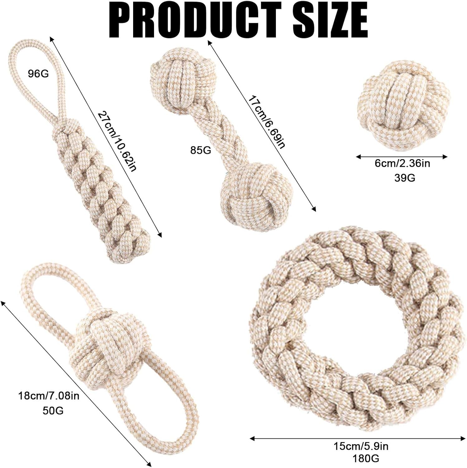 5-Piece Chew Dog Toy Set, Interactive Chew Toy Made of Natural Cotton, Dog Toy Rope with Knot Ball, for Small, Medium, Large Puppies, Cats, Pets, Dental Care, Beige Linen image number 1