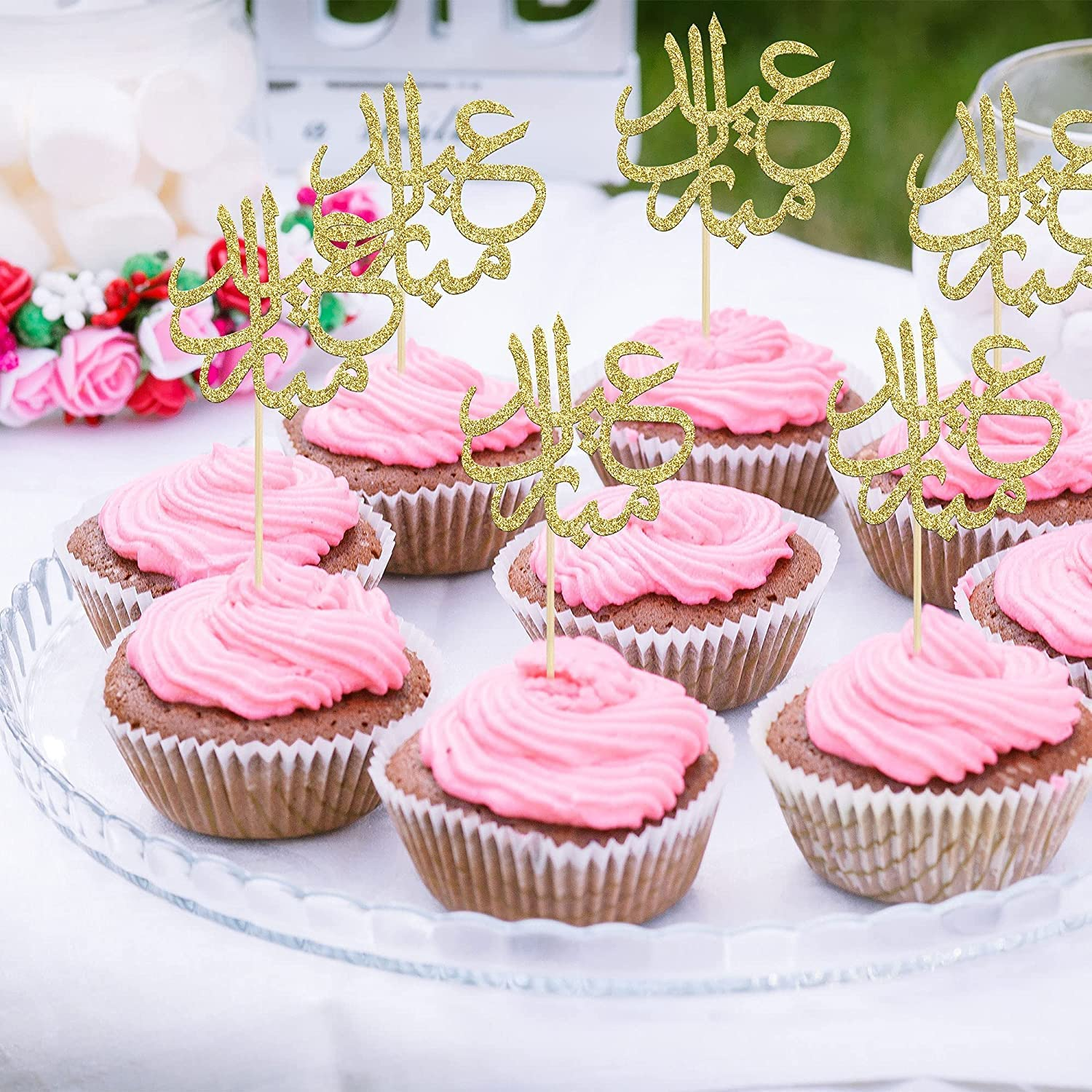 Confetti! 24Pcs Gold Glitter Eid Mubarak Cupcake Toppers Arabic Happy Eid Ramadan Kareem Cake Decorations Islamic Muslim Party Supplies Decorations image number 5