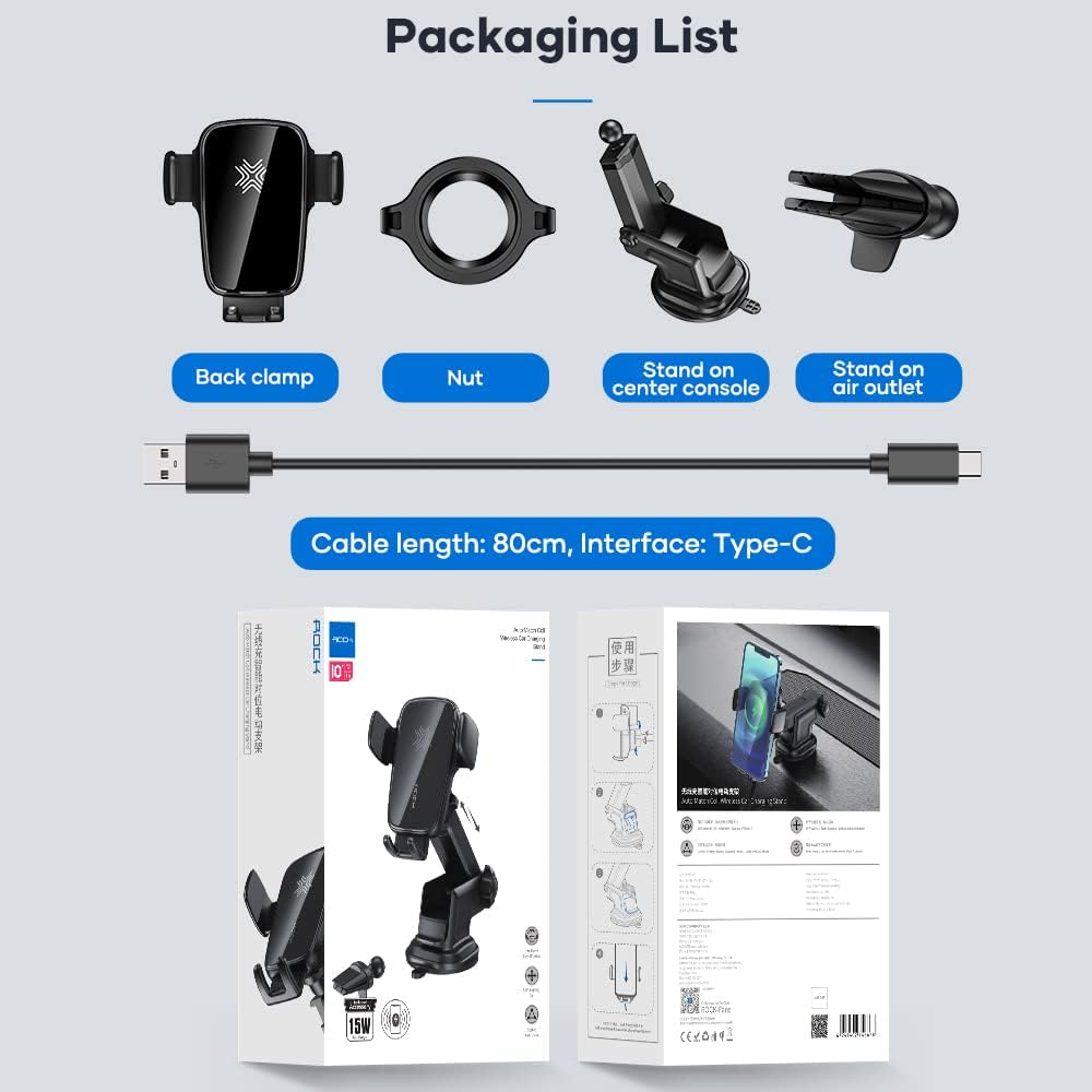 Rock Fast Wireless Car Charger 15W Electric Intelligent Car Mount 360 Degree Adjustable