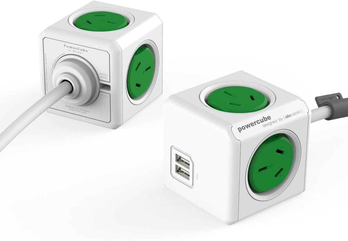 New Allocacoc Powercube 4 Outlets 2 USB Ports Surge Protector 1.5M Extension Cord Wall Adaptor with Safety Resettable Fuse Green Color 5400/AUEUPC/GREEN