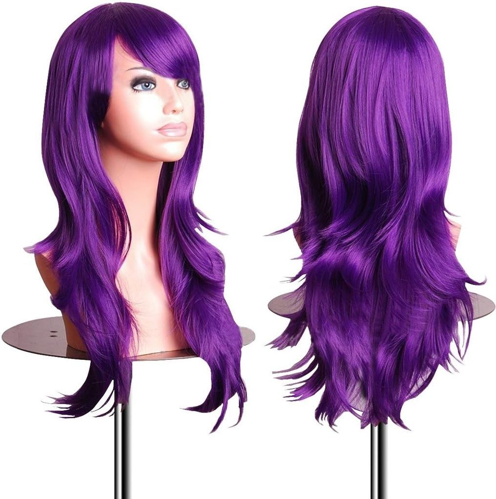 Emaxdesign 70Cm Cosplay Wig for Women Long Full Curly Wavy Heat Resistant Fashion Glamorous Hairpiece with Free Wig Cap & Comb (Dark Purple)