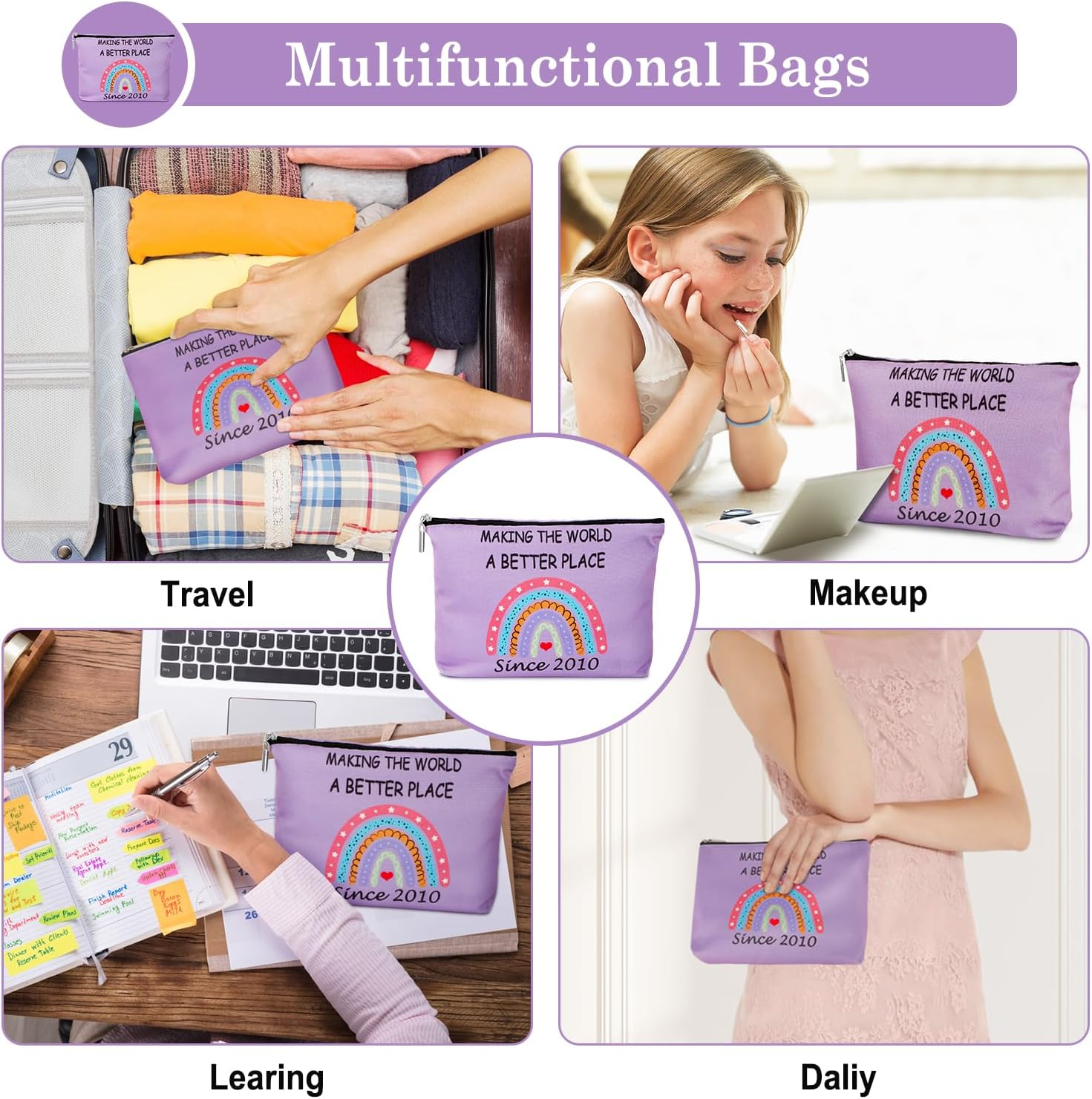 Yeohjoy 15Th Birthday Gifts for Girls: Purple Rainbow Makeup Bag & Inspirational Keychain, Perfect for Daughter, Niece, Granddaughter, Travel & Daily Use image number 1