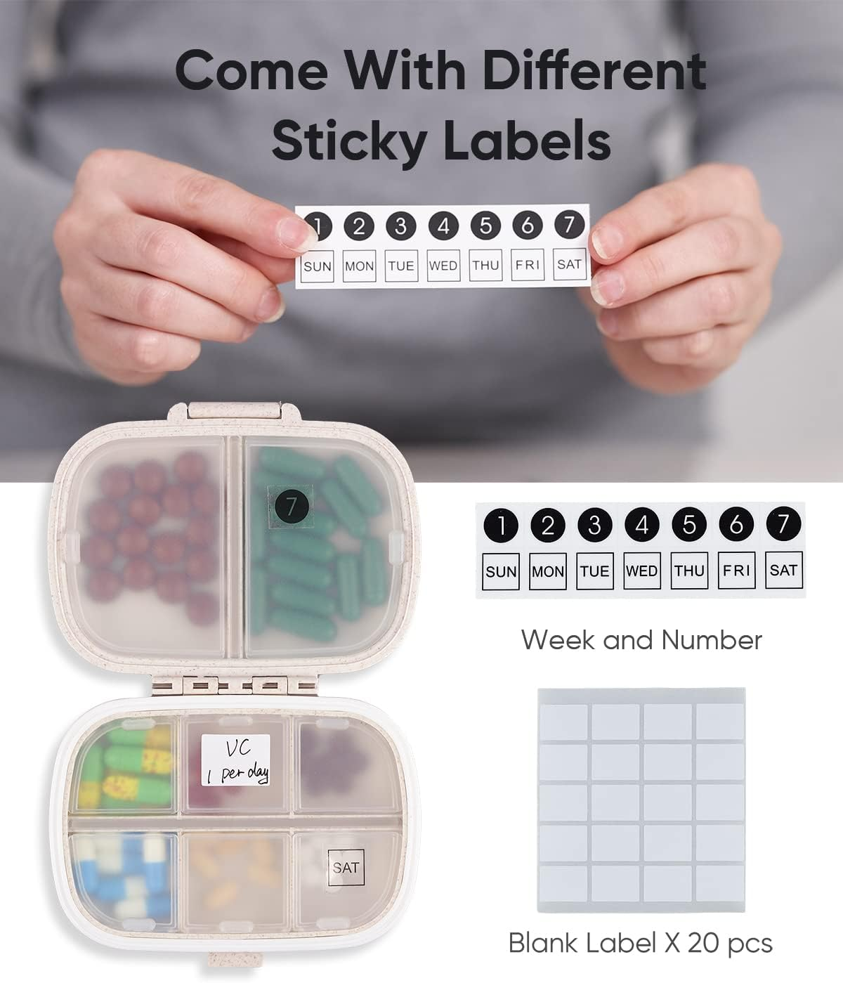 Daily Pill Organizer, 8 Compartments Portable Pill Case, Pill Box to Hold Vitamins, Cod Liver Oil, Supplements and Medication (3-Khaki) - 3-Khaki image number 3