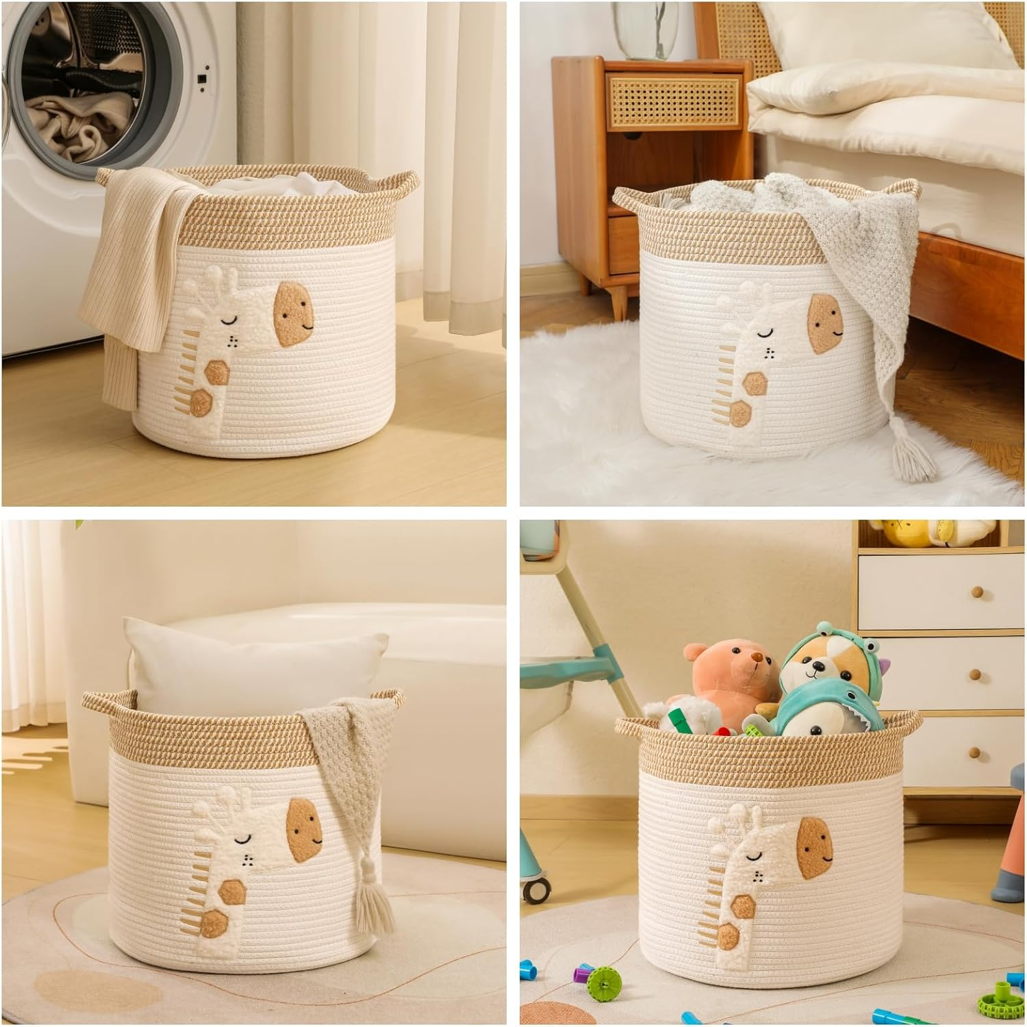 Large Blanket Baskets for Living Room Decor, Toy Storage Baskets Woven Cotton Rope Storage Basket for Kids, Dog Toys Organizer Clothes Hamper with Embroidery Decor for Nurserylaundry (Large, Giraffe) image number 5