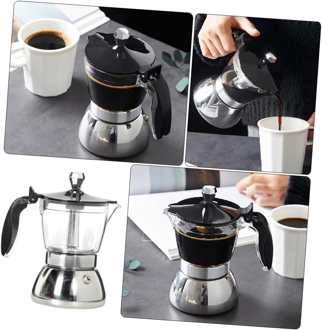JECOMPRIS Transparent Cup Stainless Steel Coffee Pot for Hand Brewing Espresso Ergonomic Non Scald Handle Home and Office Pot with Premium Craftsmanship and Hot Lid Design