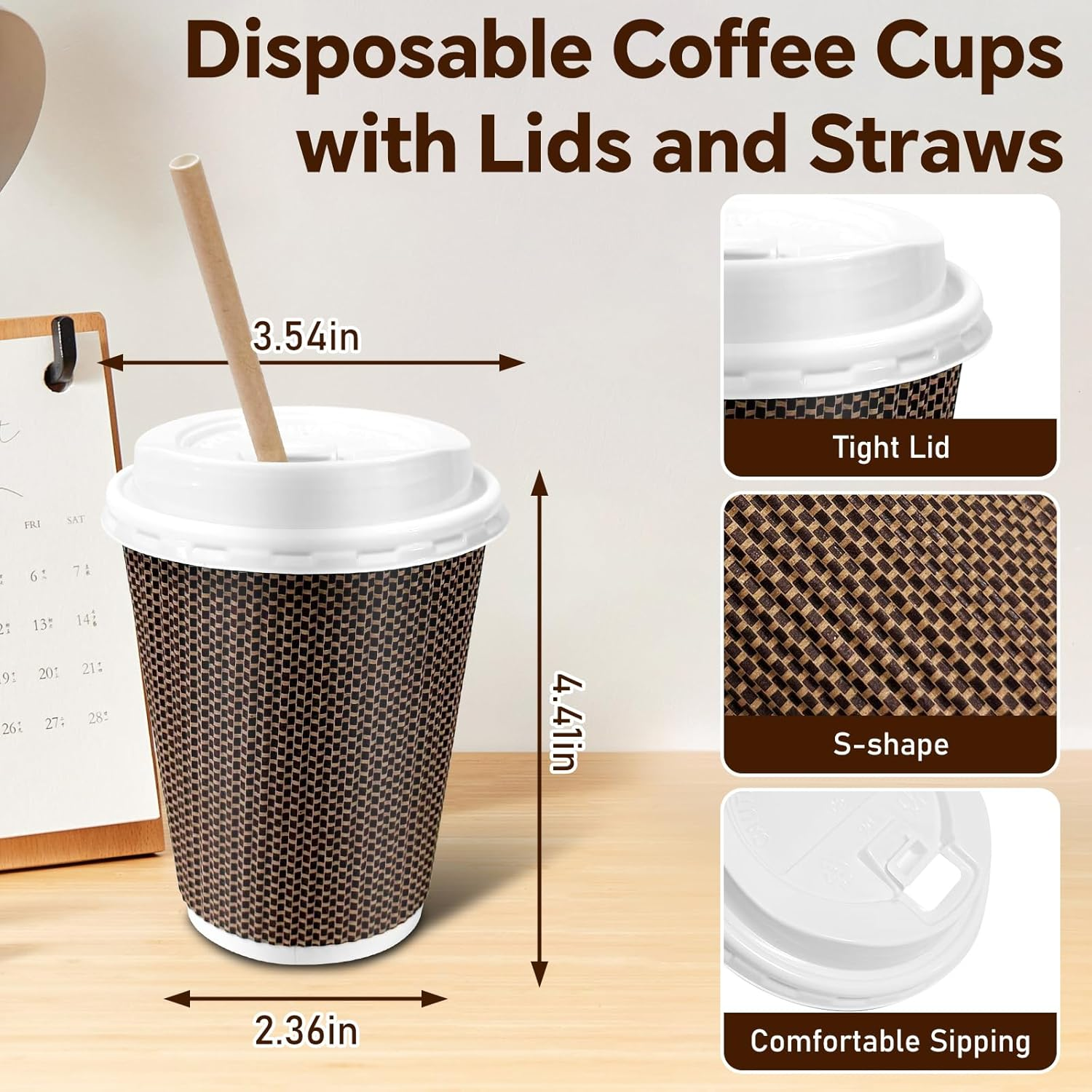 50Pack 12Oz Disposable Paper Cups, Leakfree Triple Wall Coffee Cups with Lid and Straws, to Go Paper Coffee Cup for Coffees,Tea,Chocolate,Hot Cold Drink, Ideal for Home,Parties,Weddings image number 2