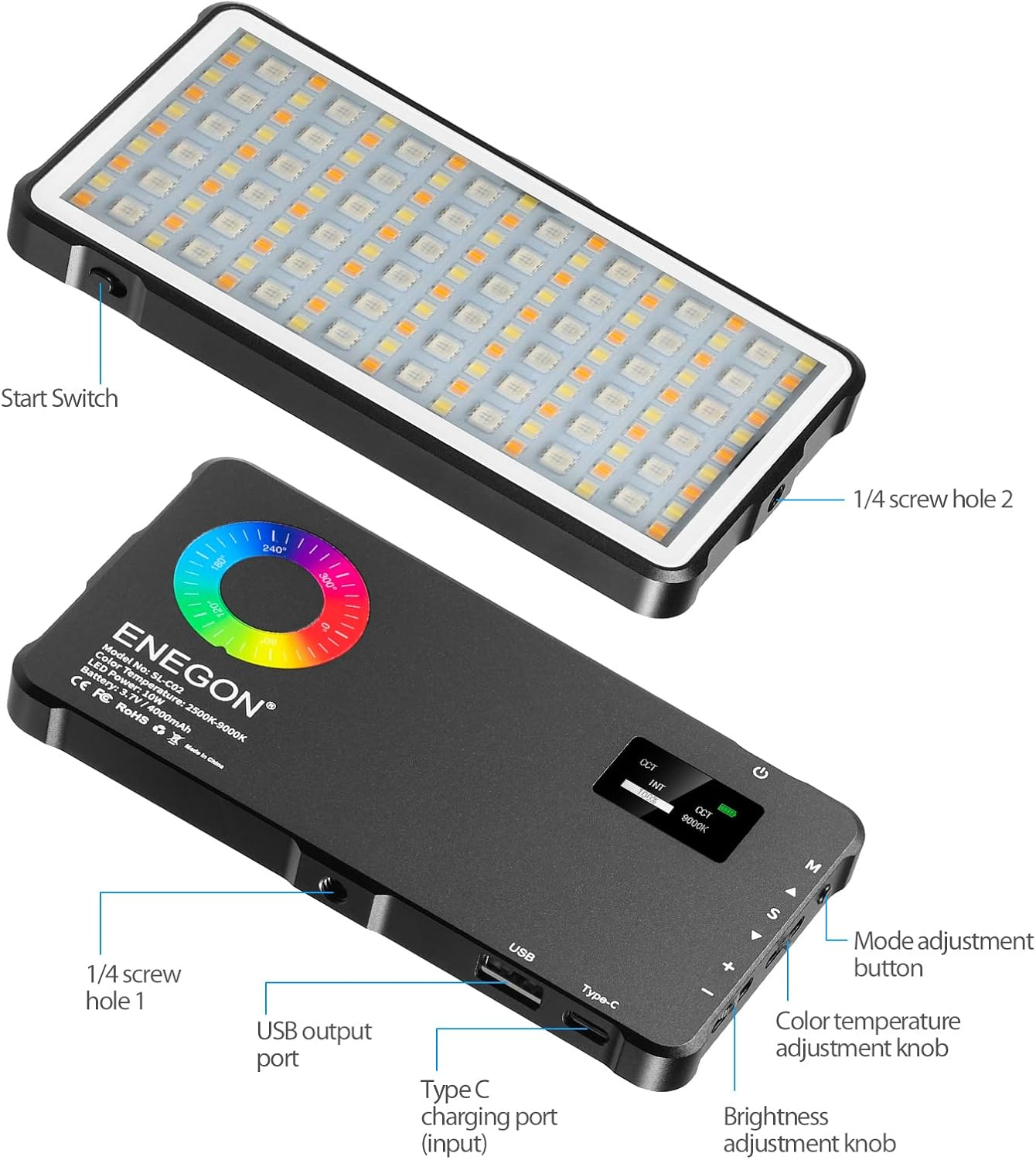 ENEGON RGB Video Light, 4000Mah Rechargeable Battery, Built-In LED Camera Light, Full Color, 24 Frequent Light Effects, CRI&ge;95 2500-9000K LED Video Light