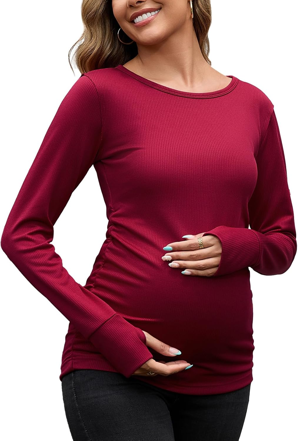 GINKANA Womens Maternity Long Sleeve Shirts Casual Slim Fitted Crew Neck Pregnancy Tops Pullover Shirts with Thumbholes