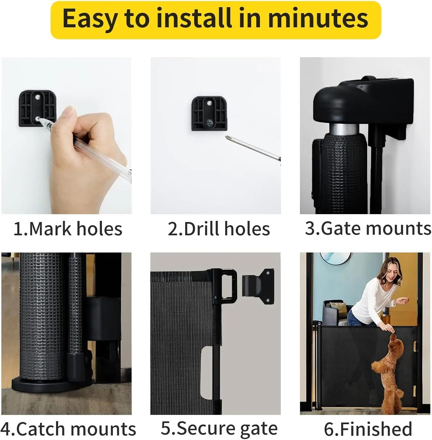 Retractable Baby Gate, Dog Gate Door Extensions, Durable Mesh Baby Safety Door, Wide Pet Gate 86Cm Tall, Extends to 150Cm Wide, for Doorways, Stairs, Halways. (Black, 150Cm) image number 4