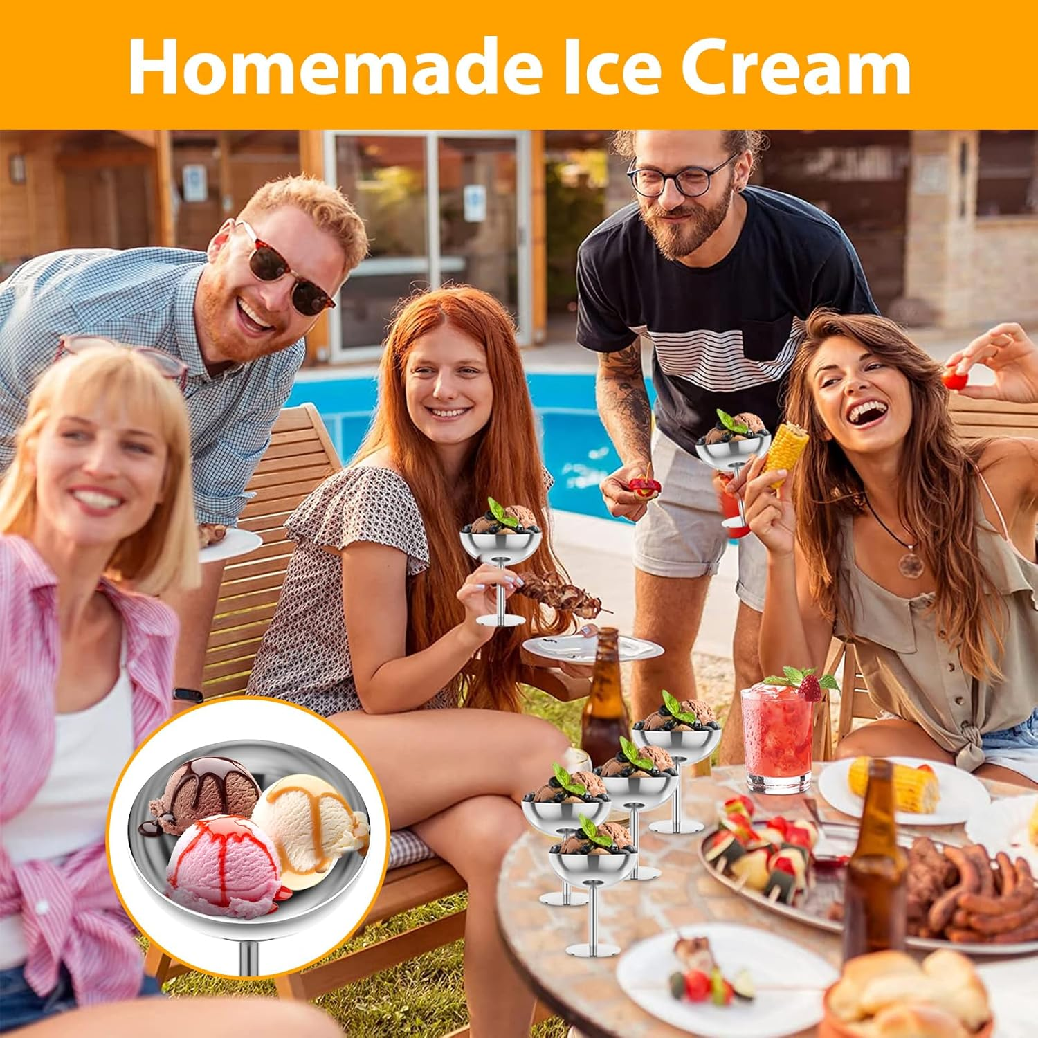 NIPUAEGO 2Pcs Stainless Steel Ice Cream Bowl, Multipurpose High Footed Foot Party Ice Cream Cup for DIY Ice Cream Parfait Banana Pudding Silver image number 1