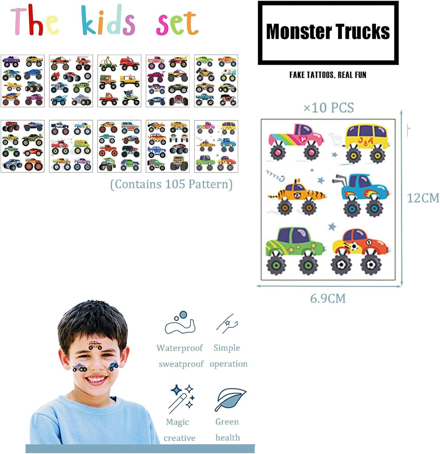 Coehaopike Monster Truck Temporary Tattoos for Party Supplies - 10 Sheets Monster Truck Tattoos for Boys Birthday Party Fake Tattoo Stickers for Boys image number 3