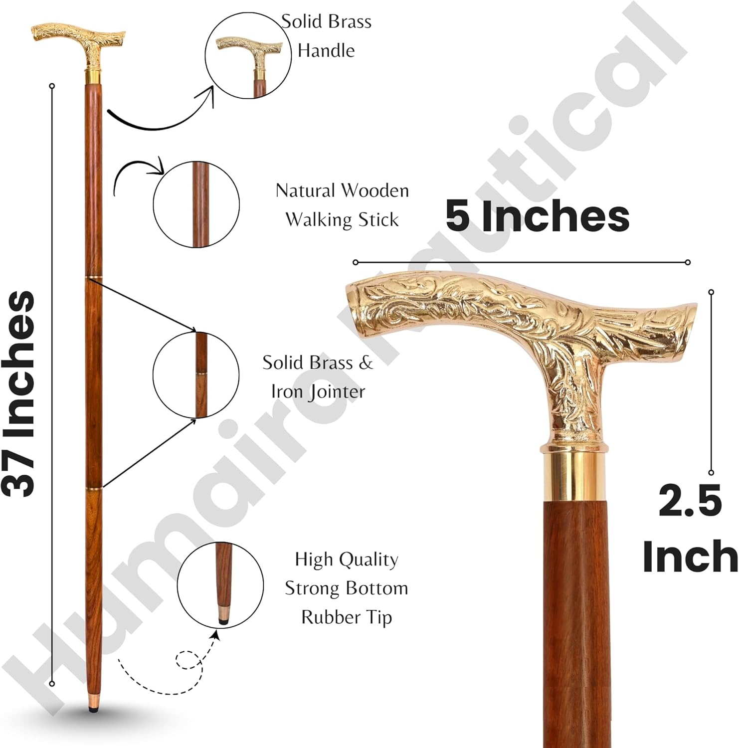 Humaira Nautical Walking Stick - Men Derby Canes and Wooden Walking Stick for Men and Women - 37" Brown Ebony Brass T Shape Handle in Golden Tone Natural Wood Unisex Cane image number 3