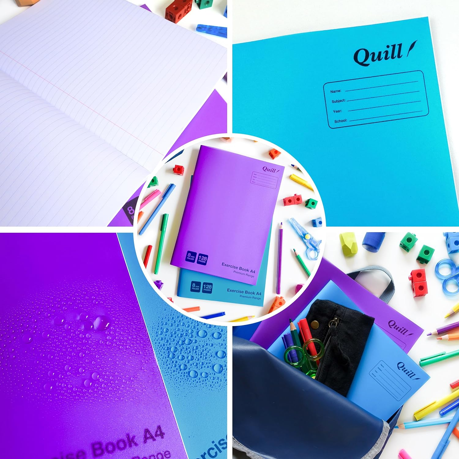 Quill, Premium Exercise Book A4, 128 Pages, 8Mm Ruled with Red Margin, Pack 2, Durable Water Resistent Cover image number 5