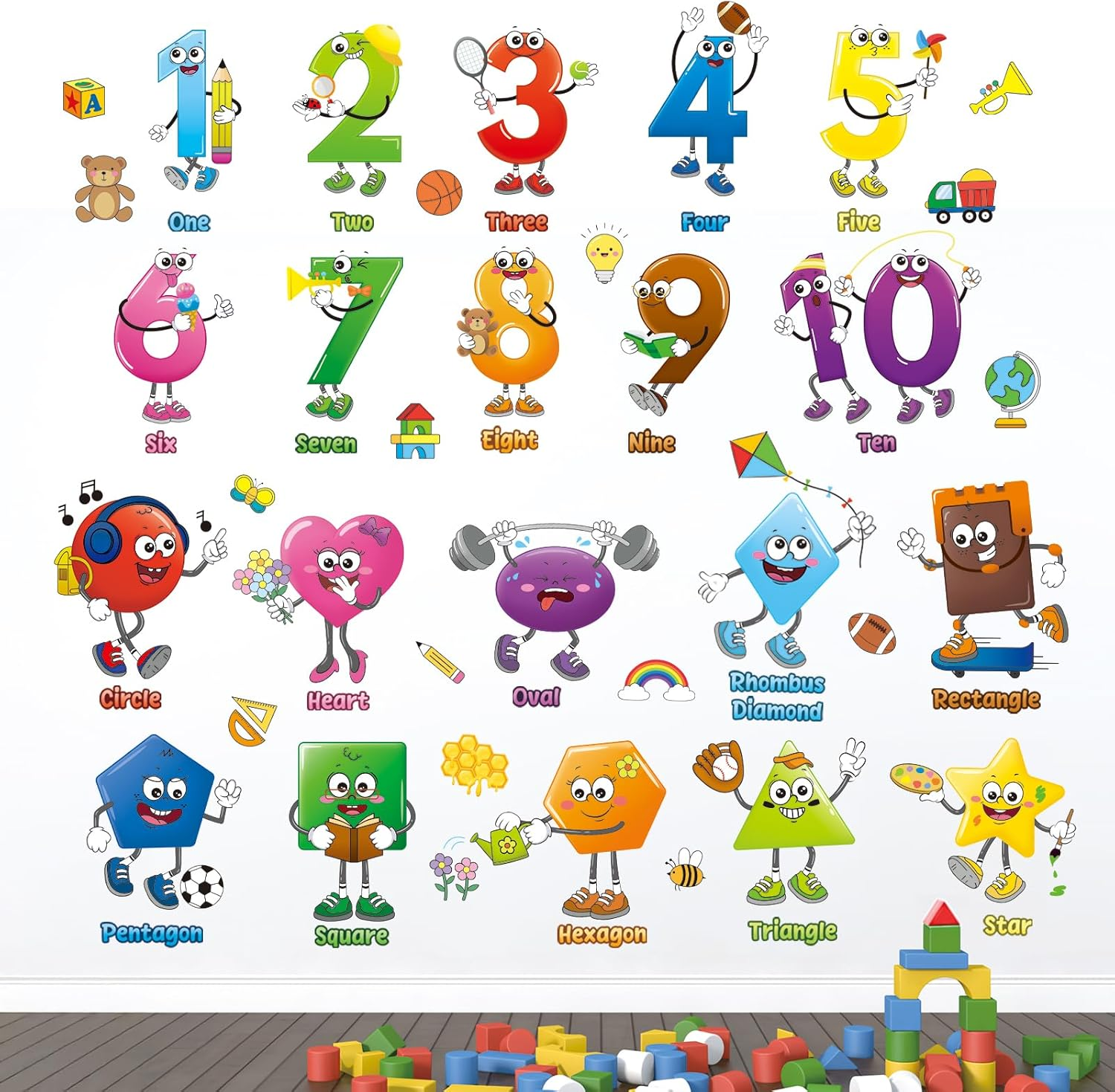 DECOWALL DS9-8095 Shape and Number Wall Decals Educational Colorful Peel and Stick Removable Stickers for Kids Nursery Preschool Playroom Classroom Decor image number 2