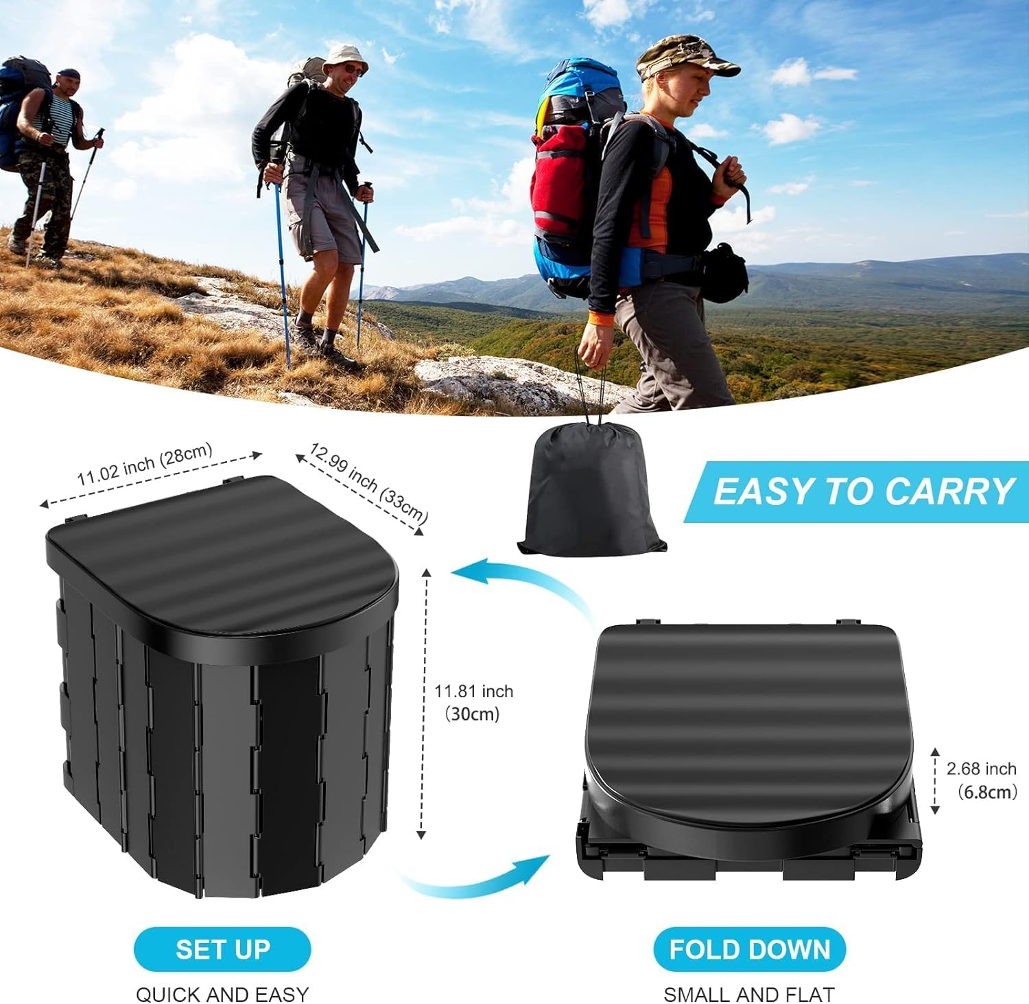 Portable Toilet for Camping, Folding with Lid, Waterproof Porta Potty Car Bucket Adults, Travel Camping Hiking Boat Trips Beach