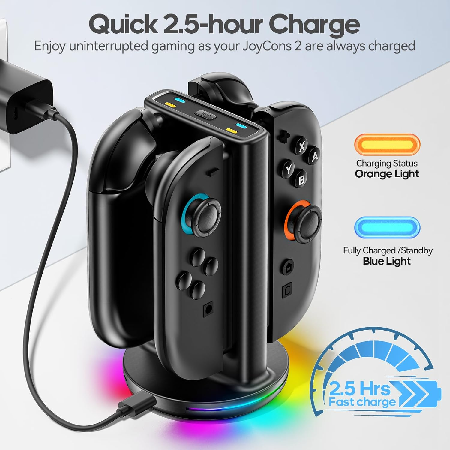 Rysker Switch 2 Controller Charger for Joy-Cons 2, Switch 2 Joycon Charger Dock for Any Direction Charging, Joycon 2 Charging Dock with 9 Light Modes for NS 2 image number 2