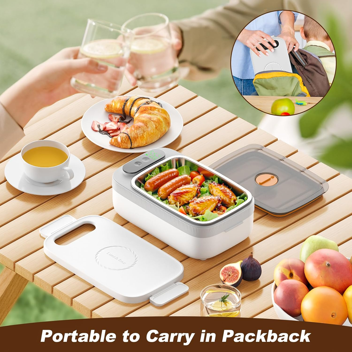 Cordless Electric Lunch Box, Food Heater with 14000Mah Battery, Leaku-Proof 1L Protable Self-Heating Food Warmer for Car, Office, Travel, Picnic & Outdoor, 8 Timer image number 4