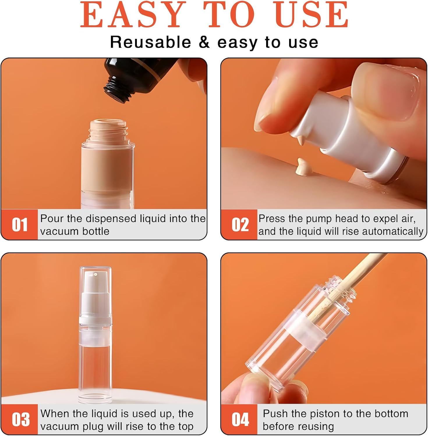 4 Pack 10Ml Airless Pump Bottles - Refillable Vacuum Travel Containers for Lotion, Cream, Serum, Foundation, Leak-Proof Clear Plastic Mini Dispensers, Bpa-Free image number 2