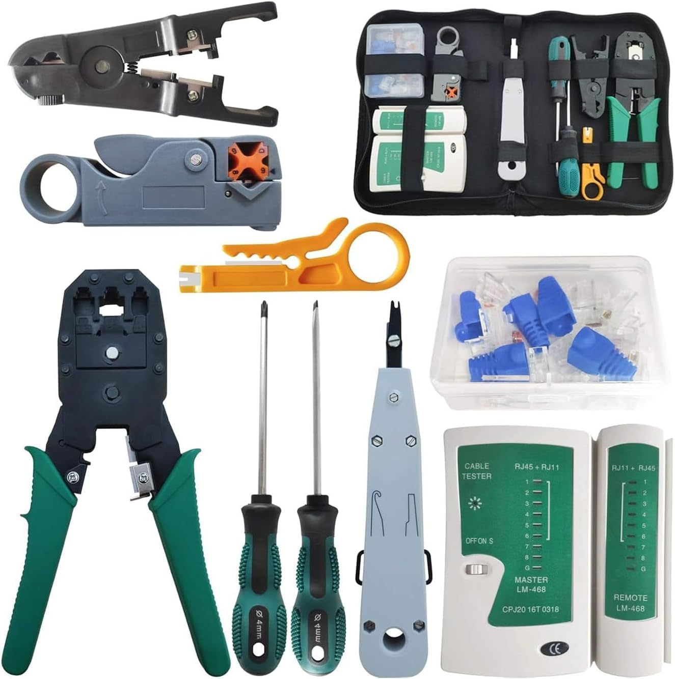 Network Cable Repair Maintenance Tool Kit Set Portable Phone Cable Crimper 8P8C 4P4C 6P6C Connectors RJ45 RJ11 Cat5 Cat6 Cable Tester Network Cable Crimper Repair Kit