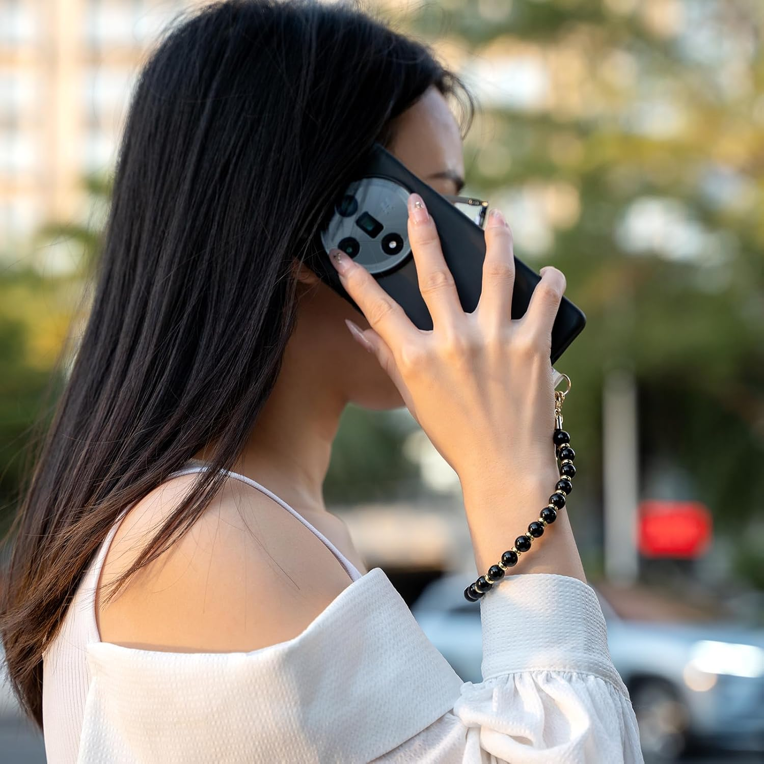 Universal Phone Chain Cell Phone Charm Hand Wrist Strap Lanyard Beaded Phone Chain for Women Girls White - Green Color-Au image number 7