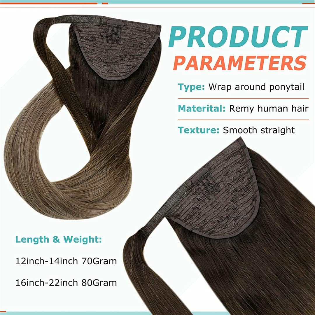 Ponytailtail Human Hair Straight Wrap around Ponytailtail Clip Brown Ponytailtail 70Grams No Claw Clip 18P613 12 Inches 70G image number 3