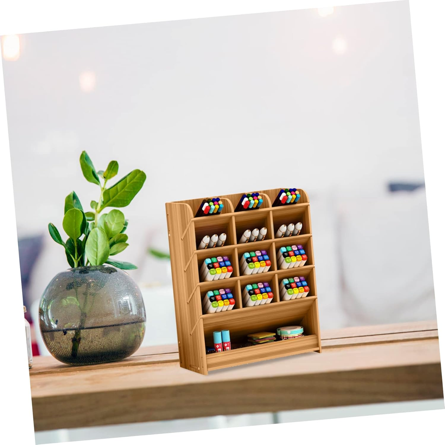 MAGICLULU Wooden Pencil Case Large Capacity Multi-Grid Desk Organizer Pen Holder Office Supply Stationery Storage for Study Room and Office Desktop image number 2