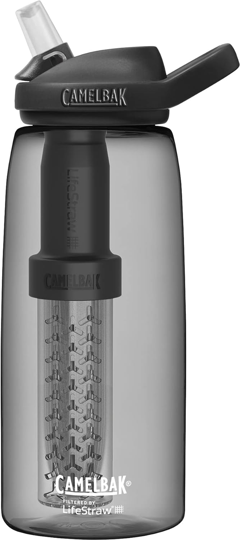 Camelbak Eddy+ Water Filter Water Bottle by Lifestraw Integrated 2-Stage Filter Straw - for Hiking, Backpacking, Travel, and Emergency Preparedness - 1L Tritan Renew, Charcoal