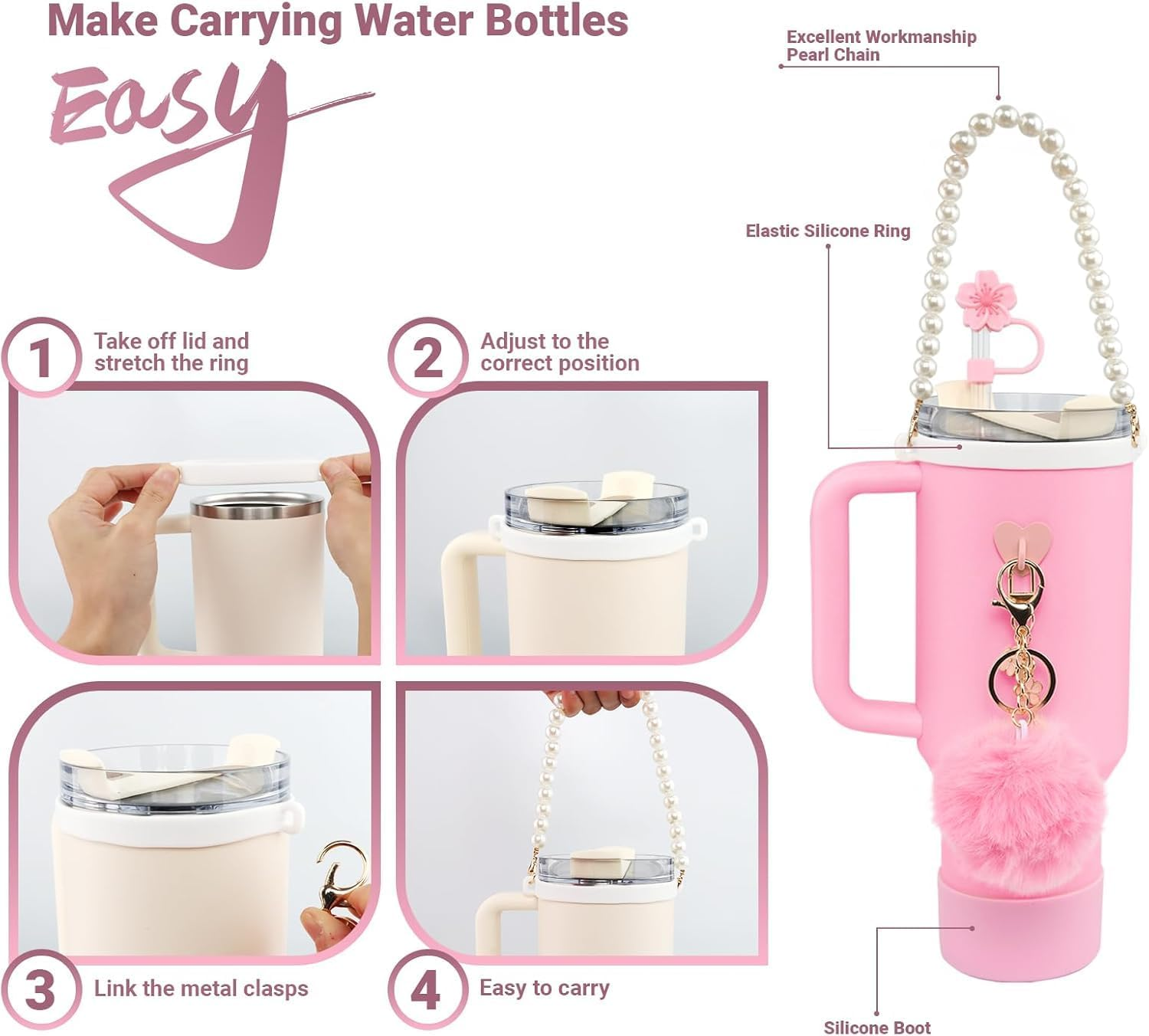 7Pcs Tumbler Cup Accessories Set,Stanley Cup Accessory Set,Compatible with Stanley Cup 40Oz & 30Oz Tumbler,Including Water Bottle Handle Strap, Silicone Boots, Silicone Straw Cap (Pink) image number 1