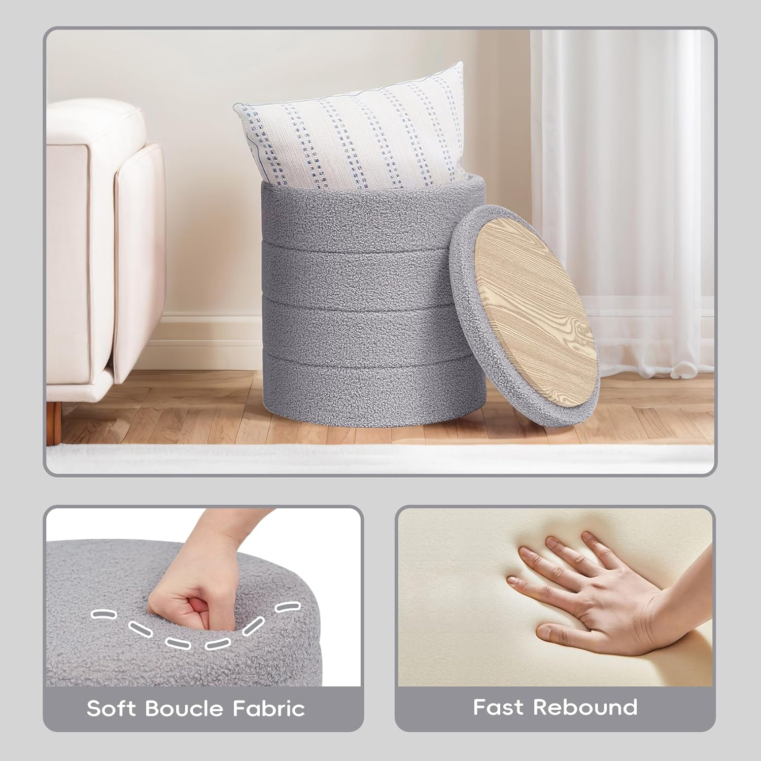 PINPLUS round Storage Ottoman, Foldable Sherpa Ottoman Footstool Storage with Coffee Table for Living Room, Bedroom, Dorm (Dark Grey) 14.6"X14.6"X17.7" image number 1