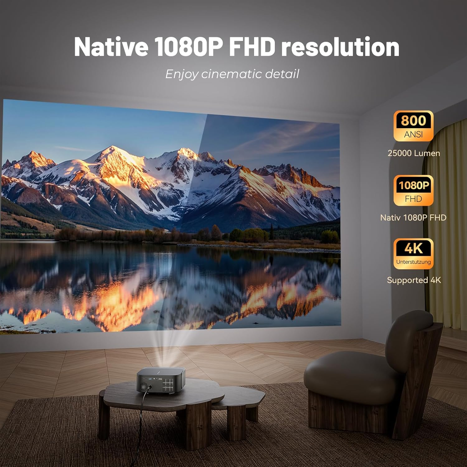 4K Projector【Official Netflix & Focus Electronics/Trapezoidal Correction】 25000 Lumens 1080P Native Full HD Mini Projector, Wifi Bluetooth Smart Projector with Youtube/Prime Video image number 1