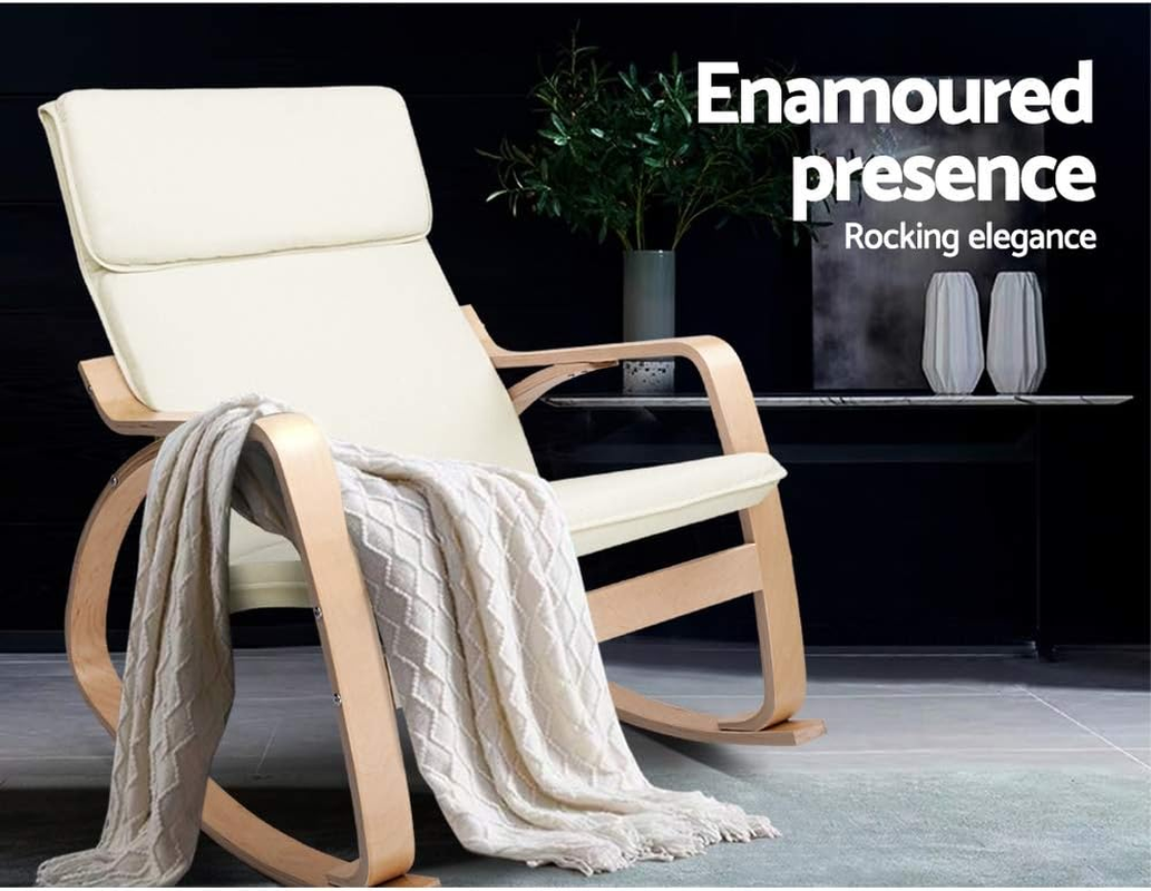Artiss Rocking Chair Cushion Wooden Armchair Recliner Chairs Lounge Dining Nursing Seat Reading Seating Chaise Lounges Home Living Room Bedroom Furniture, Beige Fabric, with Removable Cover image number 6